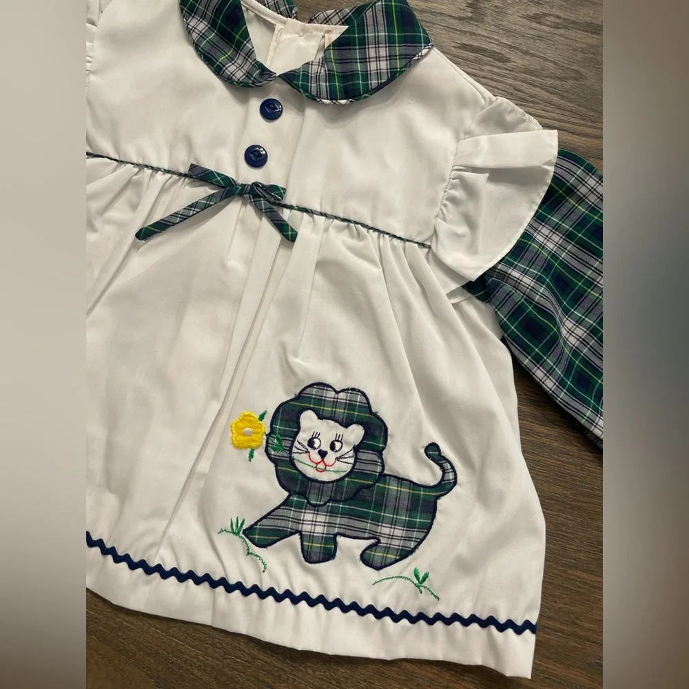 80’s Toddler Two-Piece Outfit with Green Plaid Lion Appliqué